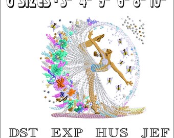 May include: Embroidered design of a ballerina in a white dress with flowers and butterflies. The design is available in 6 sizes: 3", 4", 5", 6", 8", and 10".  The design is available in the following formats: DST, EXP, HUS, JEF, SEW, PES, XXX, and VP3.