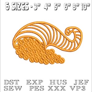 Puede incluir: Diseño bordado en tonos dorados, que recuerda a una cornucopia o una concha estilizada. Disponible en seis tamaños, de 7,6 cm a 25,4 cm. La imagen también muestra varios formatos de archivo de bordado.