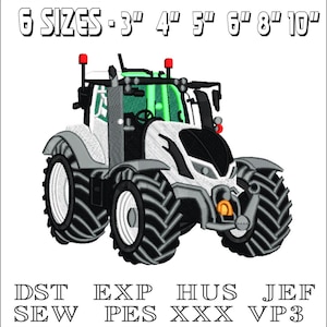 May include: An embroidered design of a tractor in white, black, and gray, with green accents. The image includes the text "6 SIZES - 3" 4" 5" 6" 8" 10"" and file type abbreviations: DST, EXP, HUS, JEF, SEW, PES, XXX, VP3.
