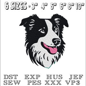 Può includere: Disegno di ricamo in bianco e nero della testa di un cane Border Collie con la lingua rosa che sporge. Il design è disponibile in 6 dimensioni: 3", 4", 5", 6", 8" e 10". Il design può essere scaricato nei seguenti formati: DST, EXP, HUS, JEF, SEW, PES, XXX e VP3.