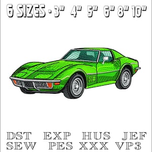 May include: Green Chevrolet Corvette embroidery design available in six sizes: 3 inches, 4 inches, 5 inches, 6 inches, 8 inches, and 10 inches.  The design is available in DST, EXP, HUS, JEF, SEW, PES, XXX, and VP3 formats.