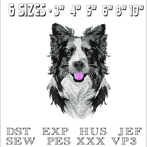 Könnte beinhalten: Gesticktes Hundegesicht in Schwarz und Weiß mit rosa Zunge. Das Bild enthält den Text "6 SIZES - 3" 4" 5" 6" 8" 10"" und Dateityp-Abkürzungen: DST, EXP, HUS, JEF, SEW, PES, XXX, VP3.