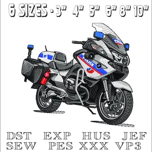Könnte beinhalten: Gesticktes Polizeimotorrad-Design mit dem Text "6 SIZES - 3" 4" 5" 6" 8" 10"" darüber. Das Motorrad ist weiß, schwarz und blau mit dem Wort "POLICE" an der Seite. Darunter Dateityp-Abkürzungen.