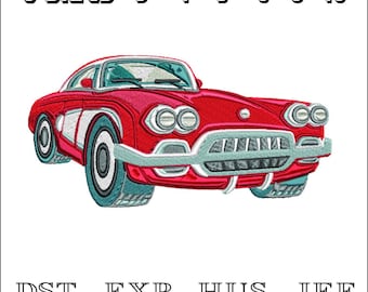 May include: Red vintage car embroidery design available in 6 sizes: 3", 4", 5", 6", 8", and 10".  The design is available in DST, EXP, HUS, JEF, SEW, PES, XXX, and VP3 formats.