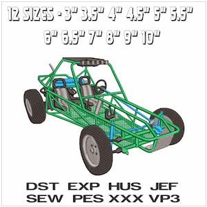 Può includere: Un design di buggy fuoristrada verde con pneumatici neri e un roll-bar. L'immagine include testo che indica 12 dimensioni che vanno da 7,6 cm a 25,4 cm, insieme ad abbreviazioni di formato file.