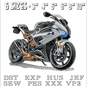 Pode incluir: Uma motocicleta prateada e preta com uma luz azul na frente. A motocicleta está disponível em seis tamanhos: 3 polegadas, 4 polegadas, 5 polegadas, 6 polegadas, 8 polegadas e 10 polegadas.