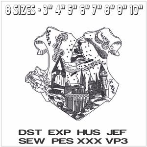 May include: Black and white line art design of a shield with a castle, a car, and a wizard on a broomstick. The text above reads "8 SIZES - 3" 4" 5" 6" 7" 8" 9" 10"" and below reads "DST EXP HUS JEF SEW PES XXX VP3".