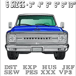 以下が含まれることがあります： クロムのグリルとヘッドライトが付いた青いシボレーピックアップトラック。トラックは6つのサイズで入手できます：3インチ、4インチ、5インチ、6インチ、8インチ、10インチ。