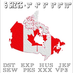 Op de afbeelding: Een borduurontwerp van de Canadese vlag in de vorm van Canada. Het ontwerp is verkrijgbaar in zes maten: 3 inch, 4 inch, 5 inch, 6 inch, 8 inch en 10 inch. Het ontwerp is verkrijgbaar in de volgende formaten: DST, EXP, HUS, JEF, SEW, PES, XXX en VP3.