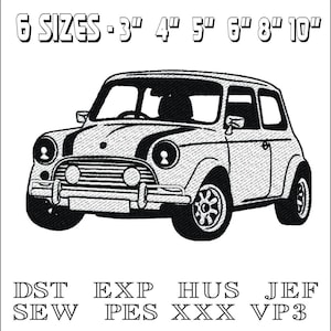 May include: Black and white line art embroidery design of a classic Mini Cooper car. The design is available in six sizes: 3 inches, 4 inches, 5 inches, 6 inches, 8 inches, and 10 inches. The design is available in the following formats: DST, EXP, HUS, JEF, SEW, PES, XXX, and VP3.