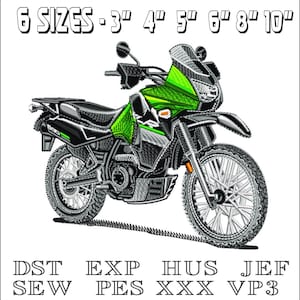 May include: An embroidered motorcycle design in black, green, and silver, with the text "6 SIZES - 3" 4" 5" 6" 8" 10"" above the motorcycle. Below the motorcycle are the letters "DST EXP HUS JEF SEW PES XXX VP3".