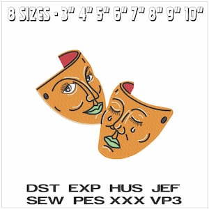 May include: Two orange face masks with green lips and red accents. The masks have closed and open eyes. The text at the top says "8 SIZES - 3" 4" 5" 6" 7" 8" 9" 10"" and the text at the bottom says "DST EXP HUS JEF SEW PES XXX VP3".