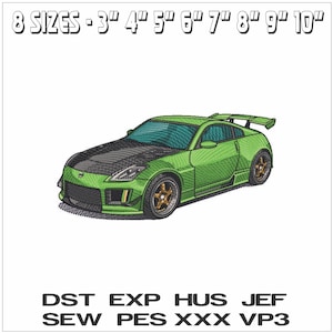 May include: An embroidery design of a green sports car with a black bonnet, rear spoiler, and gold wheels. The text reads 8 SIZES - 3" 4" 5" 6" 7" 8" 9" 10" and file formats DST, EXP, HUS, JEF, SEW, PES, XXX, VP3.