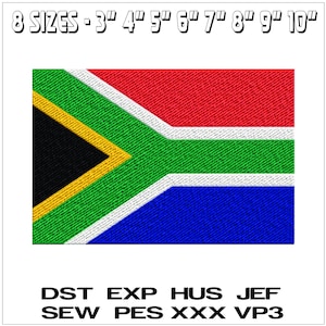 May include: Embroidered South African flag design in red, white, green, blue, black, and yellow. The image includes the text "8 SIZES - 3" 4" 5" 6" 7" 8" 9" 10"" and file type abbreviations.