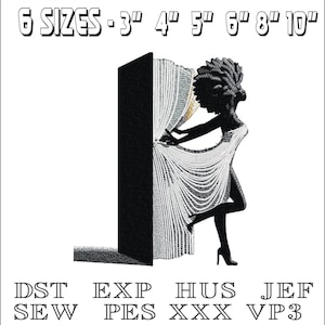 Puede incluir: Diseño digital en blanco y negro que representa a una mujer con un vestido abriendo una cortina. El diseño incluye texto que indica seis tamaños: 3", 4", 5", 6", 8" y 10". Texto adicional indica formatos de archivo.