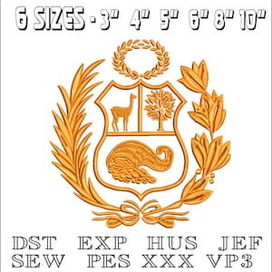 May include: Embroidered design featuring the Peruvian coat of arms in gold. The design includes a shield with a llama, tree, and horn of plenty, surrounded by laurel branches and floral elements. Text at the top indicates sizes from 3" to 10".