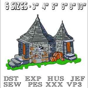 May include: An embroidered design featuring two stone buildings with gray roofs and orange doors, surrounded by green grass and pumpkins. The text "6 SIZES - 3" 4" 5" 6" 8" 10"" is at the top. Below are file format abbreviations.