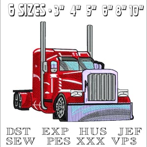 Puede incluir: Camión rojo de plataforma con parrilla blanca y parachoques azul. El camión está disponible en seis tamaños: 3", 4", 5", 6", 8" y 10". La imagen también incluye el texto "DST SEW EXP PES HUS XXX JEF VP3".