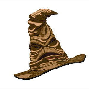 May include: A brown wizard's hat with a face and a pointed top. The hat is made of a textured fabric and has a wide brim.