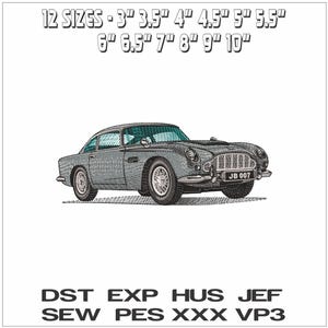 May include: An embroidery design of a classic silver sports car with wire wheels and a license plate reading JB 007. Text above lists 12 sizes from 3" to 10". Text below lists file formats: DST, EXP, HUS, JEF, SEW, PES, XXX, and VP3.