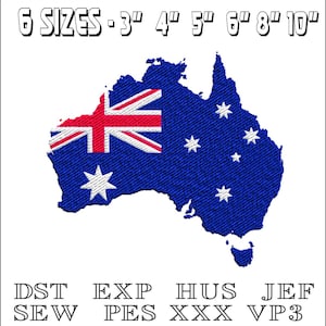 May include: An embroidery design of the Australian flag in the shape of the continent of Australia. The design is available in six sizes: 3 inches, 4 inches, 5 inches, 6 inches, 8 inches, and 10 inches. The design is available in the following formats: DST, EXP, HUS, JEF, SEW, PES, XXX, and VP3.