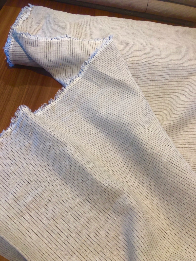 Linen Pin Stripe Fabric Navy Blue Stripe Woven Into Natural Etsy