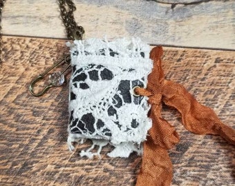 Wearable Journal Necklace Book Pendant Tea Dyed Reclaimed Leather Vintage Lace Journal Sketchbook Pencil Pen Collage Jewelry Art Journal