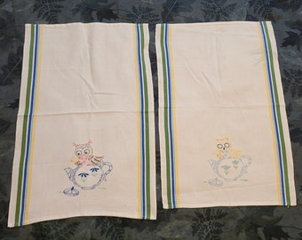 Adorable Owl in Teapot Vintage Embroidered Tea Towels Set of 2