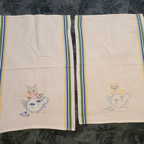 Adorable Owl in Teapot Vintage Embroidered Tea Towels Set of 2