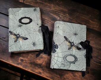 Gothic Junk Journal Tome Spider Moth Creepy Crawly Grungy Tea Dyed Hardcover Commonplace Book Spell Book Halloween Chunky Writing Journal