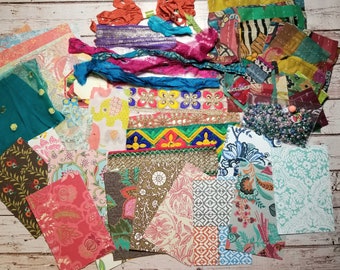 Kantha Quilt Sari Silk Trim Beautiful Gypsy Large Bohemian Bundle Bright Colorful Papers Beads Fabrics Textiles Ephemera Slow Stitch Boho