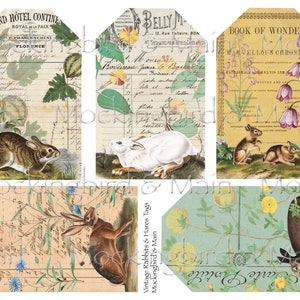 Large Rabbit & Hares Journaling Tags Digital Collage Easter Printable Sheet Antique Images Nature Botanical Junk Journal Ephemera