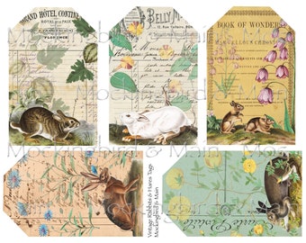 Large Rabbit & Hares Journaling Tags Digital Collage Easter Printable Sheet Antique Images Nature Botanical Junk Journal Ephemera