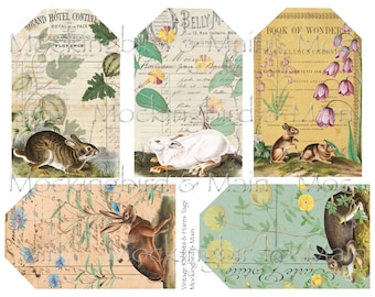 Large Rabbit & Hares Journaling Tags Digital Collage Easter Printable Sheet Antique Images Nature Botanical Junk Journal Ephemera