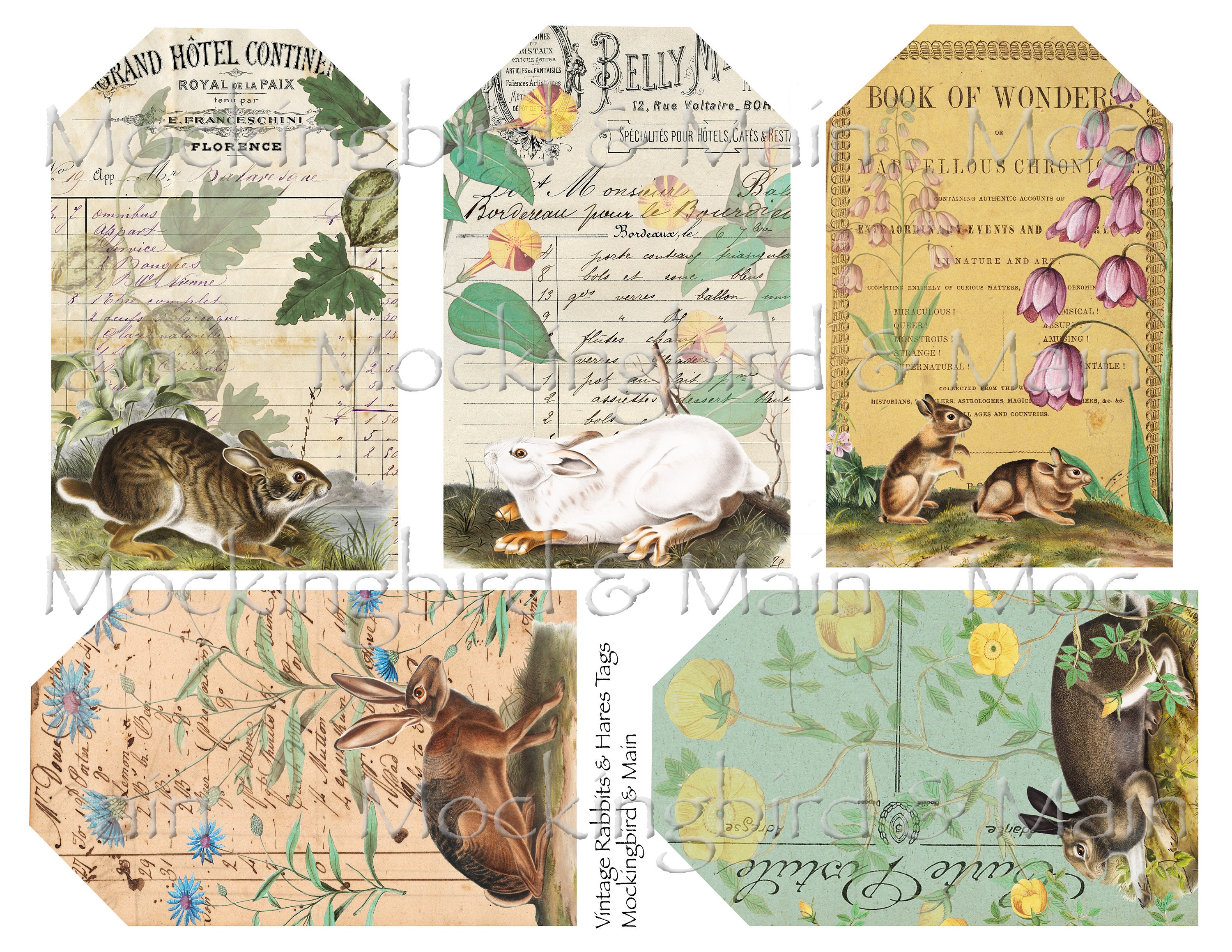 Large Rabbit & Hares Journaling Tags Digital Collage Easter Printable Sheet Antique Images Nature Botanical Junk Journal Ephemera