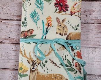 Handmade Animal Fabric Junk Journal: Teal Seam Binding, 110 Pages