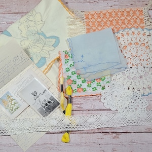 Kit de inspiración para manualidades de 10 piezas, tablero de estado de ánimo, melocotón y pasteles, bordado vintage, pañuelos, encaje de ganchillo, lino, efímeras, fragmentos, puntada lenta