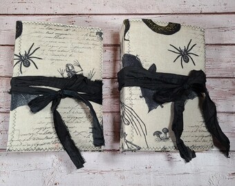 Gothic Junk Journal Grimoire Spell Book: Fabric Cover, Tea Dyed Pages, Spider & Bat Design