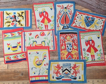 10 Vintage Linen Folk Art Napkins Pennsylvania Dutch Craft Bundle Fabric Collage Slow Stitch