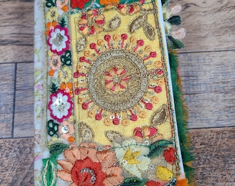 Colorful Sari Trim Embroidered Yellow Greens Oranges Textile Collaged Mini Junk Journal Tea Dyed Pages Sari Silk Ruffles