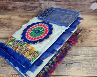 Colorful Embroidered Sari Trim Blue Bright Pink Textile Collaged Mini Junk Journal Tea Dyed Pages Sari Silk Ruffles