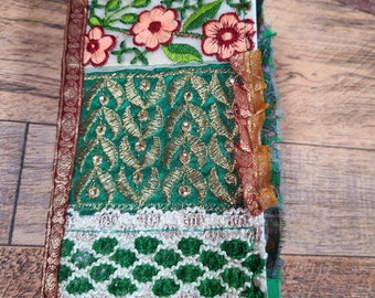 Colorful Embroidered Sari Trim Textile Greens Collaged Mini Junk Journal Tea Dyed Pages Sari Silk Ruffles