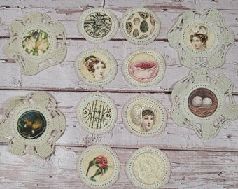 12 Sewn Circle Junk Journal Embellishments Jane Austen Regency Secret Garden Doily Pieces Vintage Linens Ladies Embroidery Images