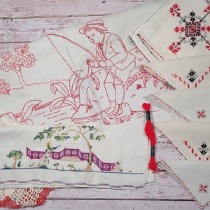 Kit de inspiración para manualidades de 8 piezas, tablero de estado de ánimo, rojos, bordado vintage, crochet, mantelería, collage de tela, fragmentos de efímeras, puntada lenta