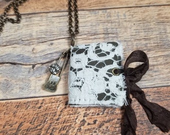 Wearable Journal Necklace: Reclaimed Leather Book Pendant with Vintage Lace