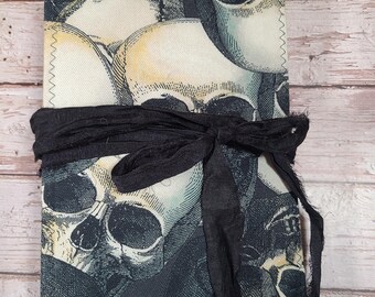 Gothic Skull Fabric Handmade Junk Journal Spell Book Grimoire: Tea Dyed Pages, Sari Silk Ribbon
