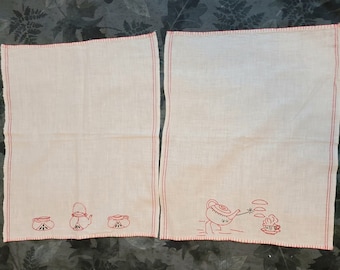 Tea Themed Vintage Embroidered Tea Towels Set of 2