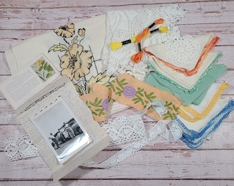13 Piece Craft Bundle Inspiration Kit Mood Board Vintage Linens Embroidery Hankies Crochet Lace Fabric Collage Ephemera Snippet Slow Stitch