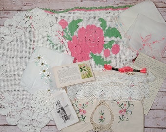 10 Piece Craft Bundle Inspiration Kit Mood Board Pinks Linens Embroidery Hankies Crochet Lace Fabric Collage Ephemera Snippet Slow Stitch