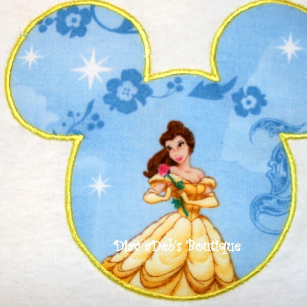 Ready To Ship Out Today a iron on no sew applique Yellow Princess in light blue fabric out linned in yelow in the shape of a Mouse head